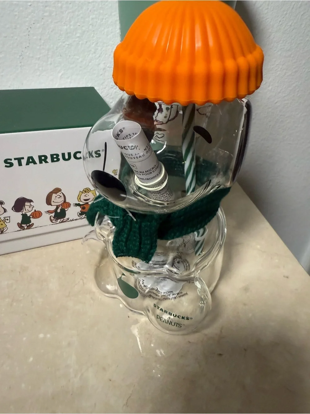 (3) Starbucks, Snoopy glass cold cup, stainless steel cold cup, & ceramic mug.